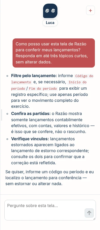 Conversa real no sistema noLivro: uma pessoa pergunta como conferir lançamentos na tela de Razão e o Luca responde sobre filtros, partidas e vínculos de estorno.